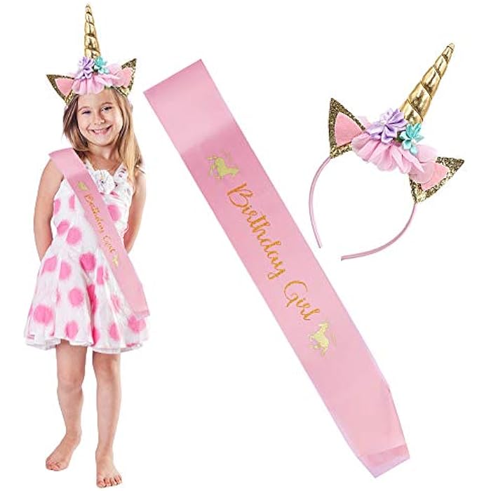 LOKIPA Unicorn Headband with Birthday Girl Sash for Kids Unicorn Birthday Party Supplies (Gold) - Image 1